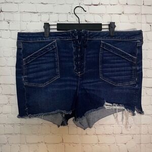 American Eagle High Rise Shortie Lace Up Denim Shorts Dark Wash Stretch Size 20